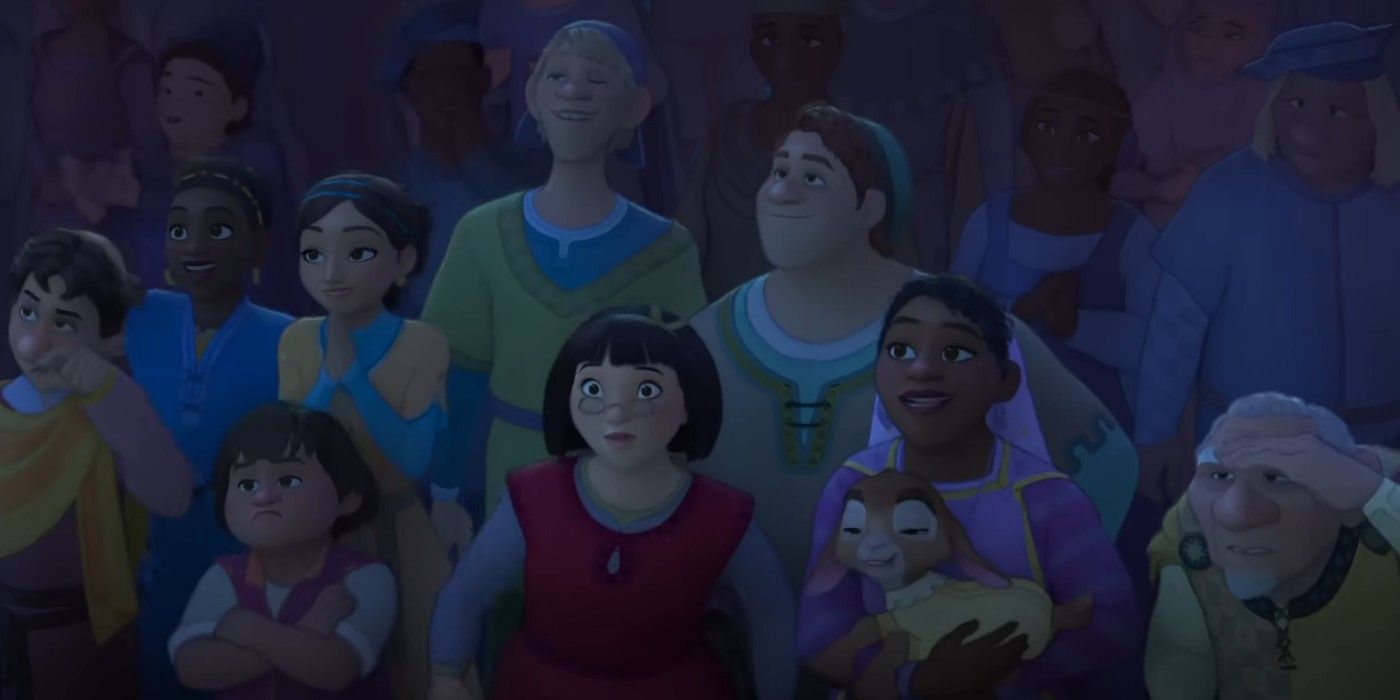 Vecinos de Rosas miran sonriendo en Disney's Wish.