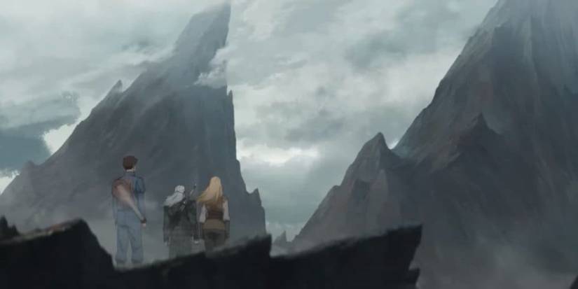 The Witcher and his allies look over a cliff in Sirens of the Deep