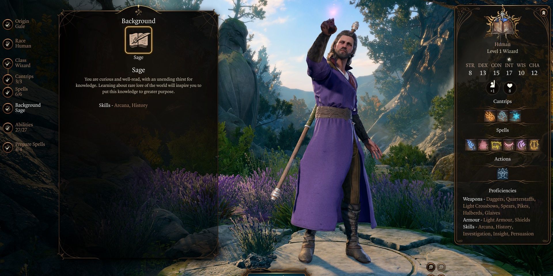 Gale's character screen as a Wizard Sage in Baldur's Gate 3