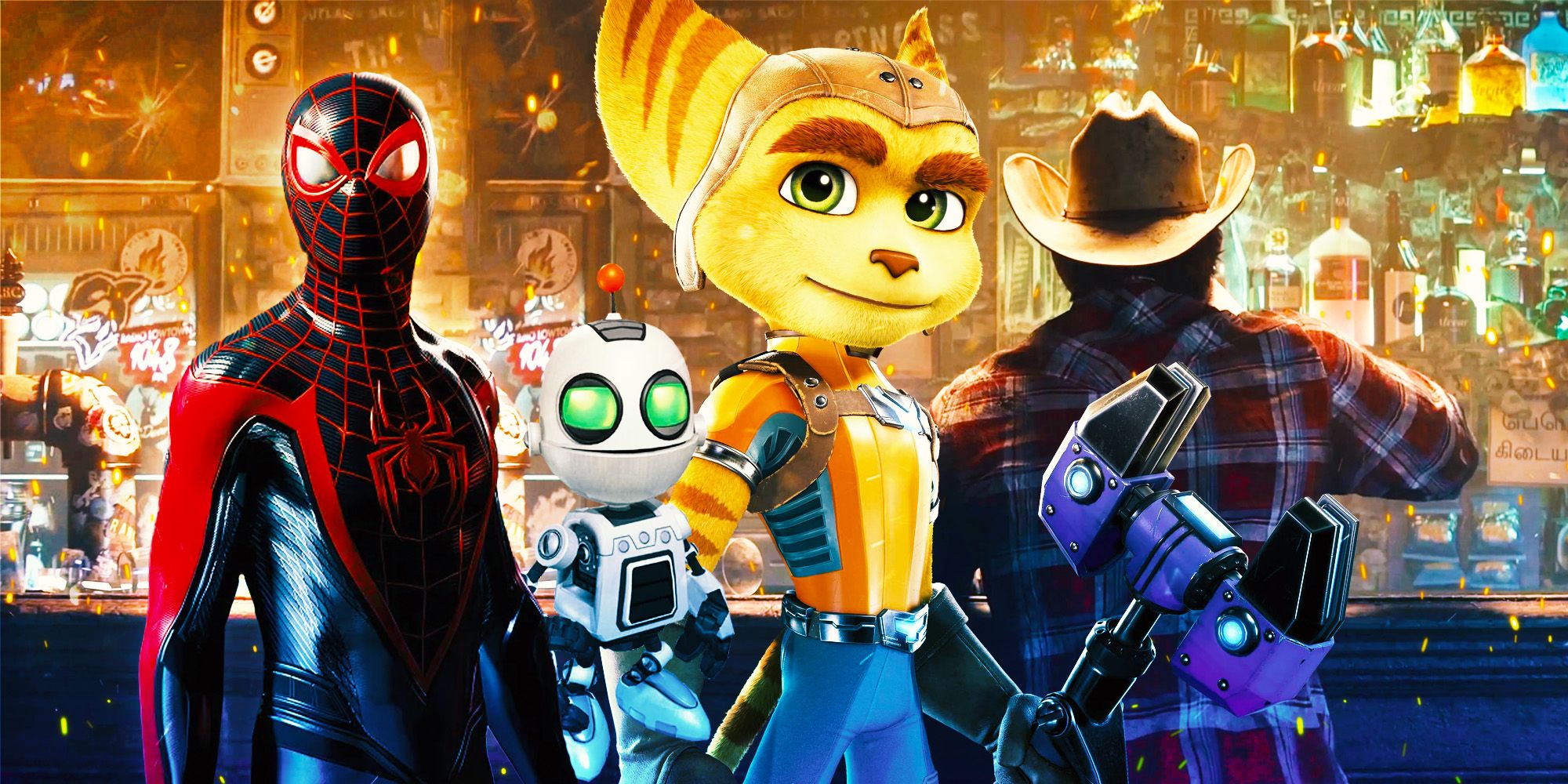 Spider-Man, Ratchet, and Clank in front of Wolverine's Logan drinking at a bar.