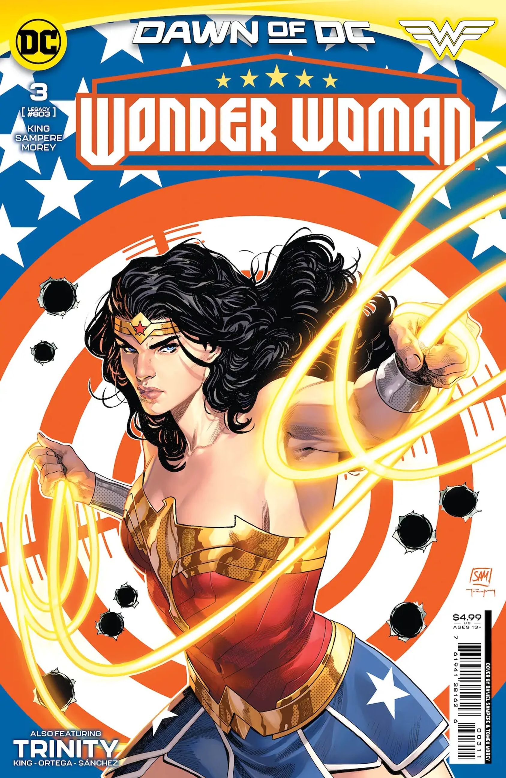 La portada de Wonder Woman 3. Wonder Woman sostiene su lazo frente a un objetivo con agujeros de bala.