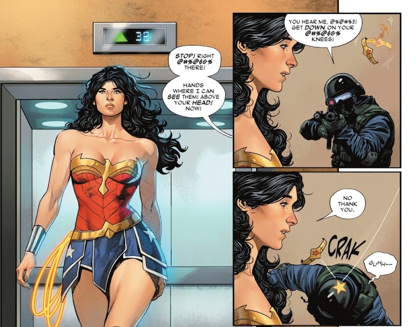 Wonder Woman fights a guard in comic book panels.