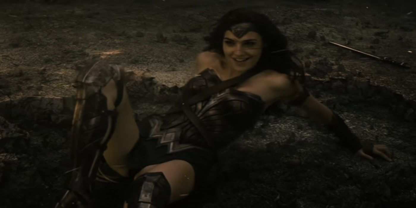 Gal Gadot's Wonder Woman grins while fighting Doomsday in Batman v Superman Dawn of Justice.