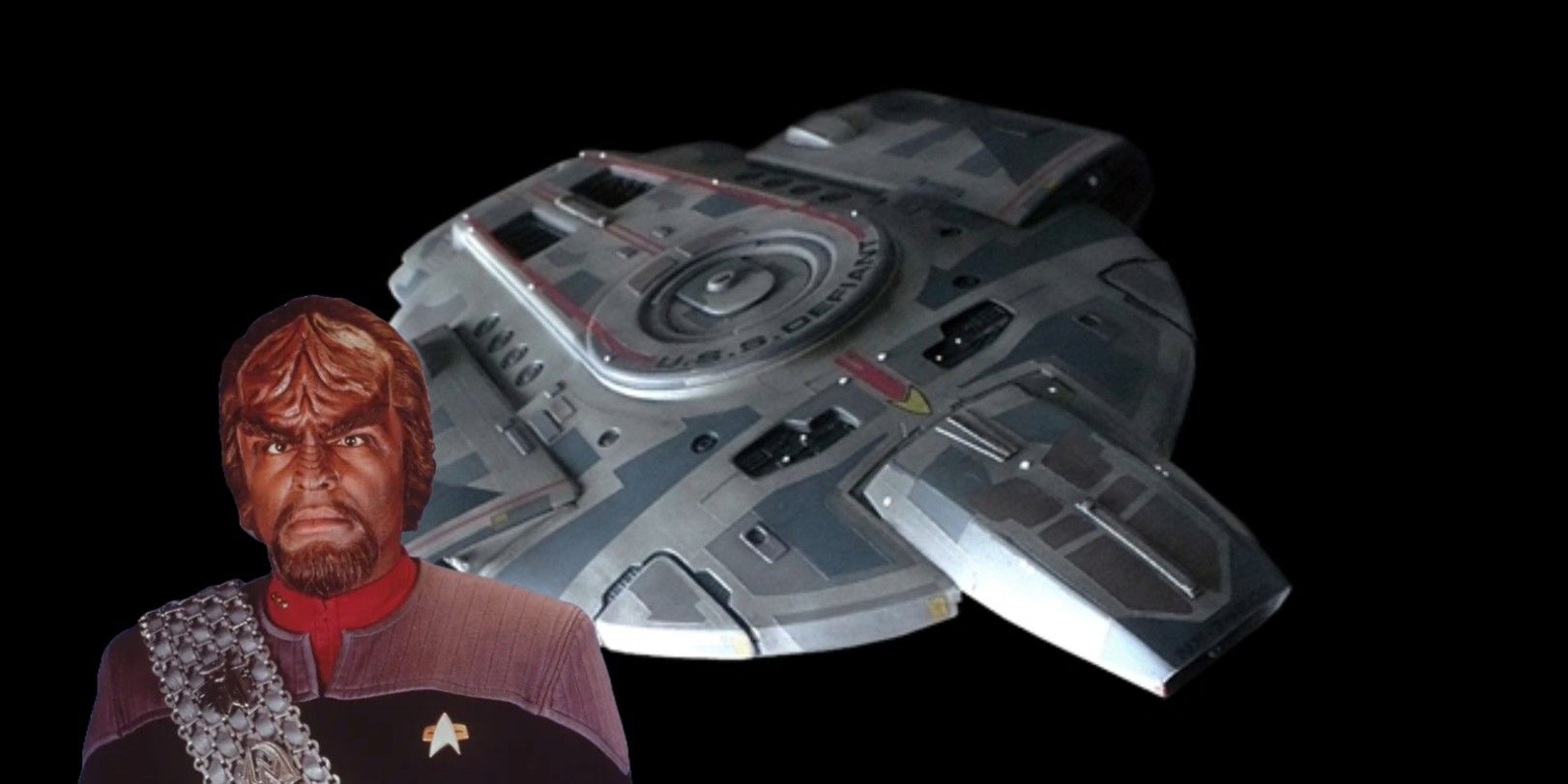 Featured Image: Worf in front of the Defiant, from Star Trek
