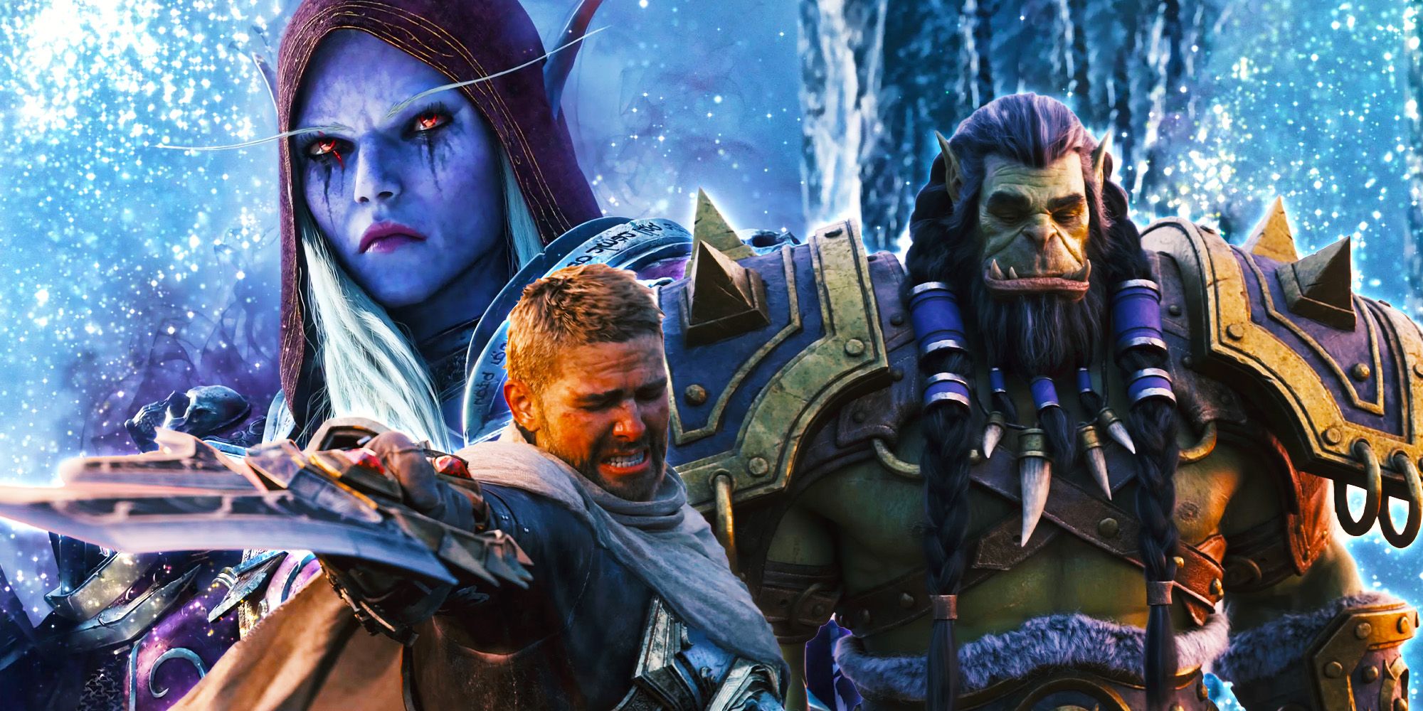 Three World of Warcraft characters - a void elf, a human, and an orc - in front of an icy background.
