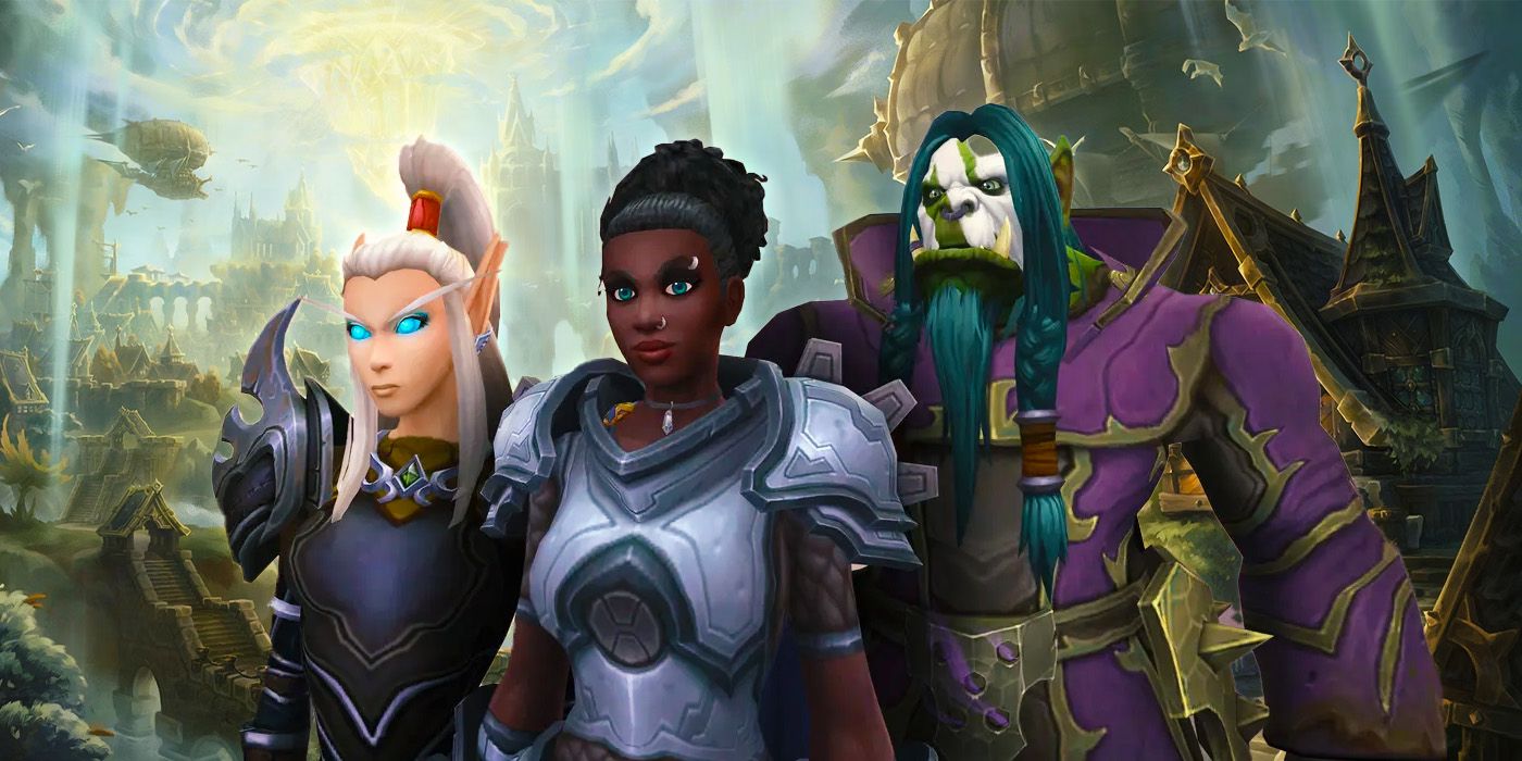 Three World of Warcraft characters – an elf, a human, and an orc – standing together in front of a medieval fantasy cityscape.
