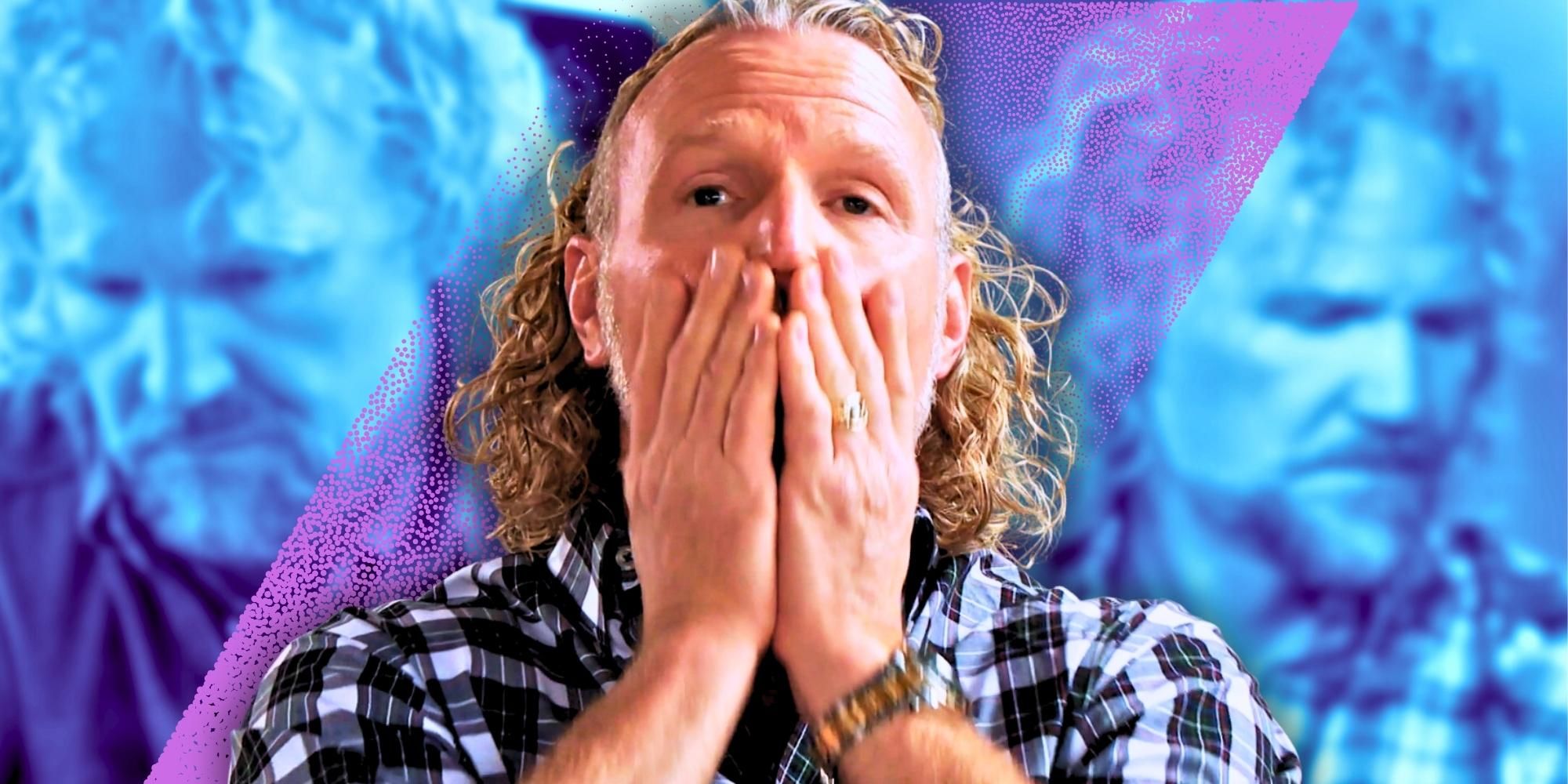 Sister Wives star Kody Brown with his hands on his face, looking exasperated