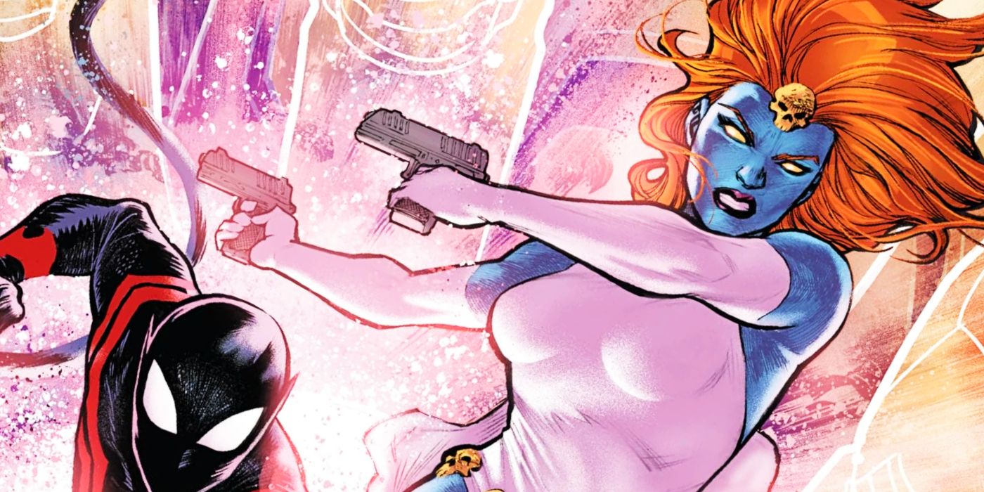 Mystique dives into action in her classic outfit, brandishing two handguns.