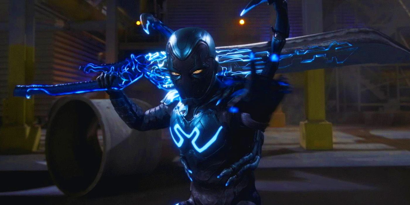 Xolo Maridueña's Blue Beetle with sword weapon in Blue Beetle