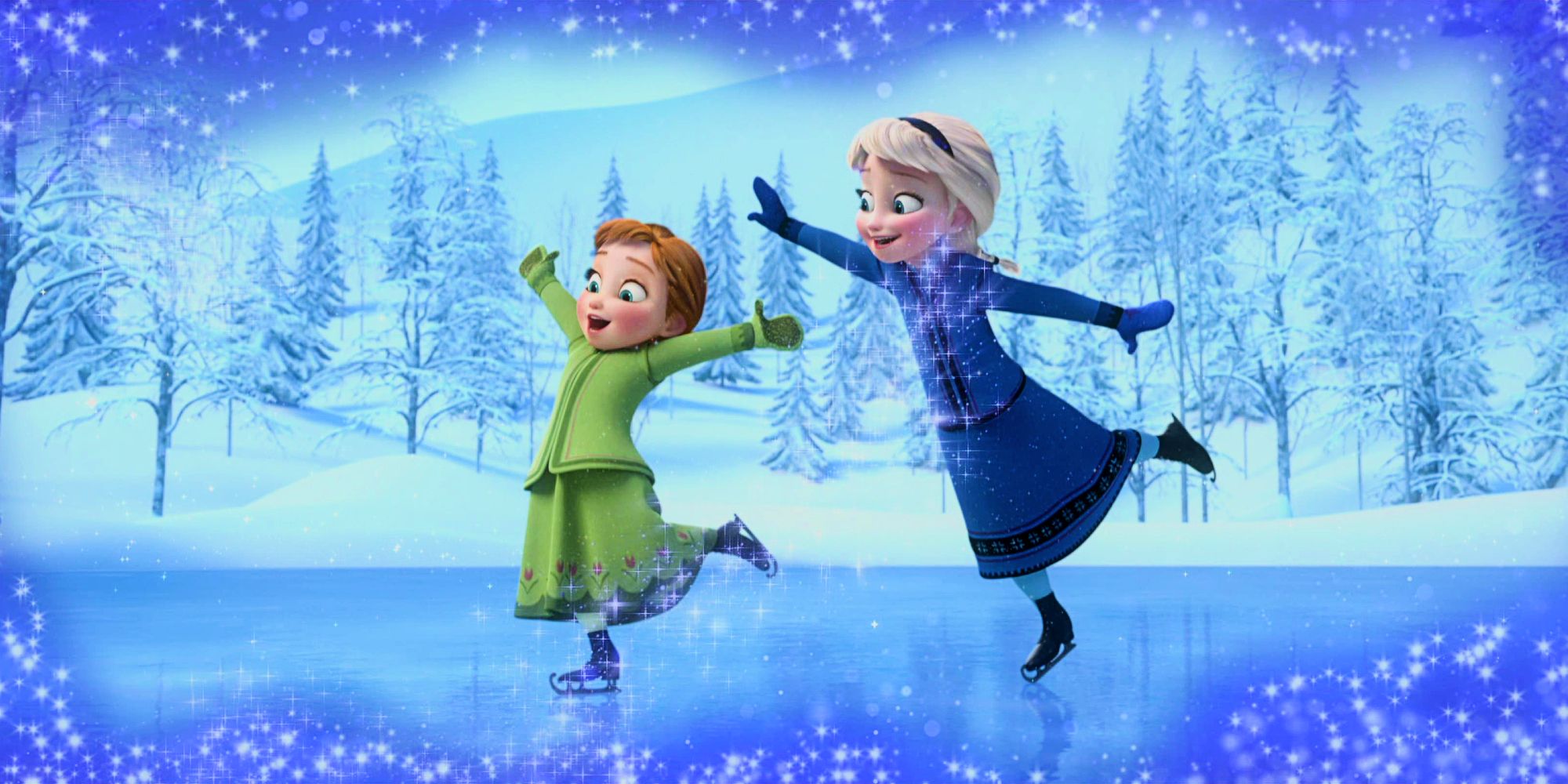 Young Anna and Elsa skating together at the beginning of Frozen.
