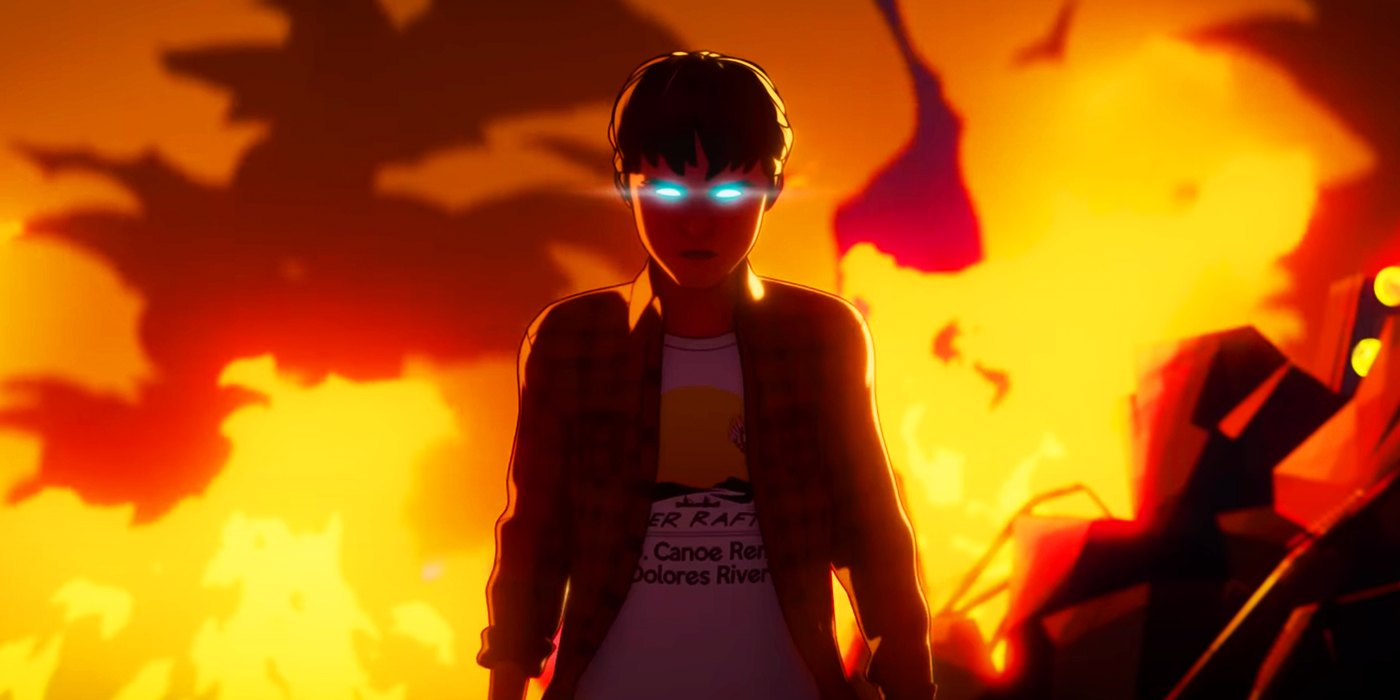 Young Peter Quill with glowing eyes walking through fire in What If...? season 2 trailer