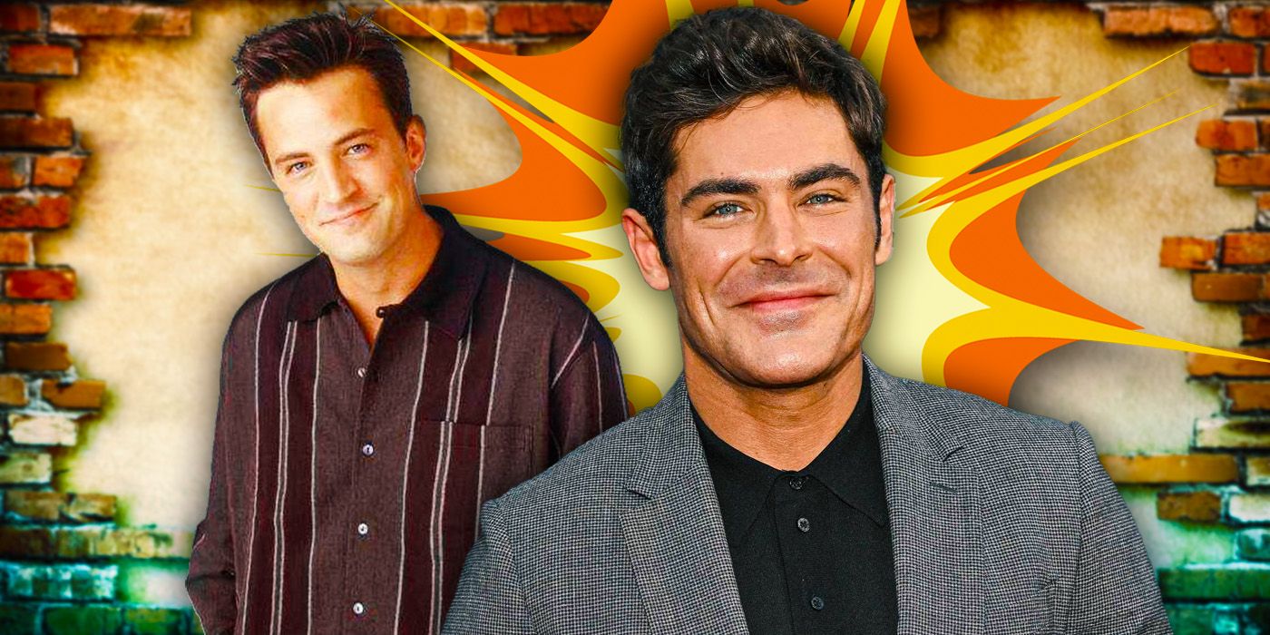 Collage of Zac Efron and Matthew Perry in front of a background of a partial brick wall and a cartoony sun