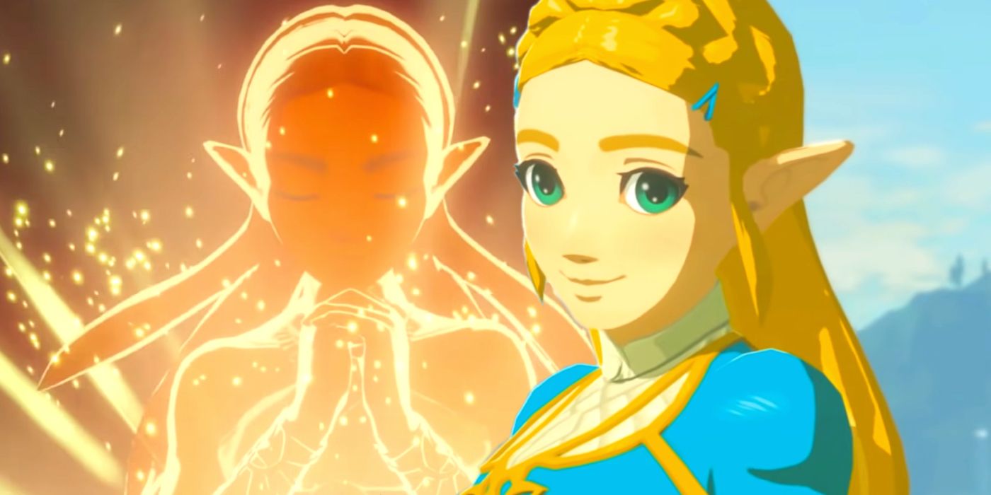 Two images of Zelda from the end of Breath of the Wild. On the left, she's surrounded by a golden glow, and on the right she's partly turned, smiling.