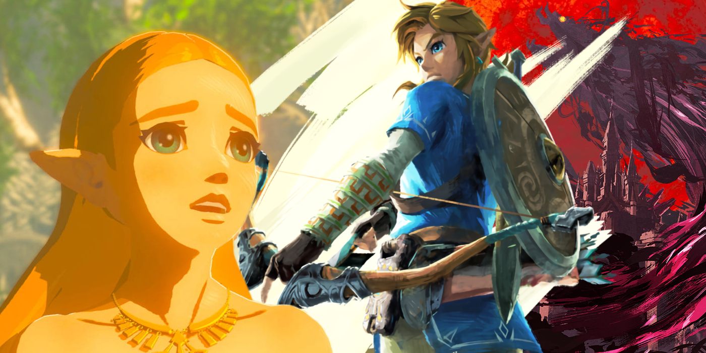 Zelda looking alarmed toward artwork of Link holding a bow in the center. Behind Link to his right is Calamity Ganon swirling around Hyrule Castle.