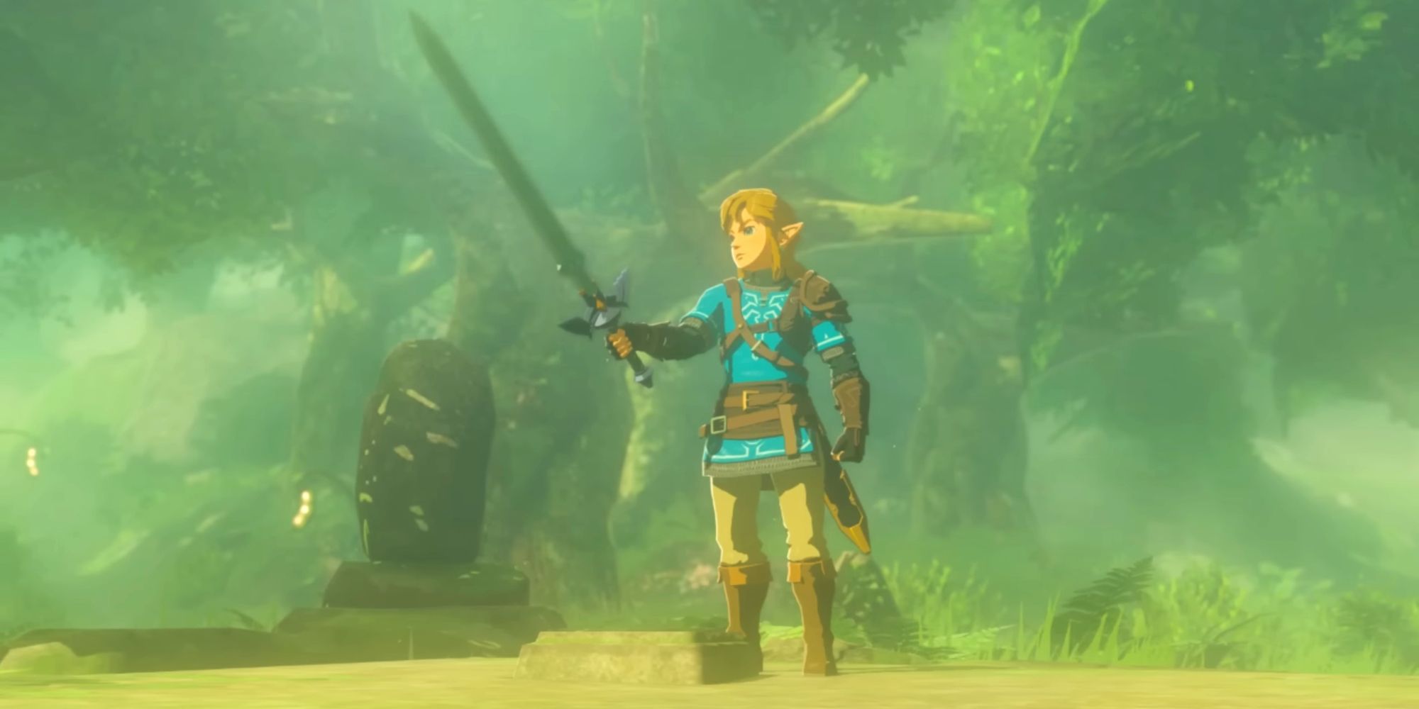 Link holding the Master Sword out in front of him after pulling it from a pedestal in Korok Forest.