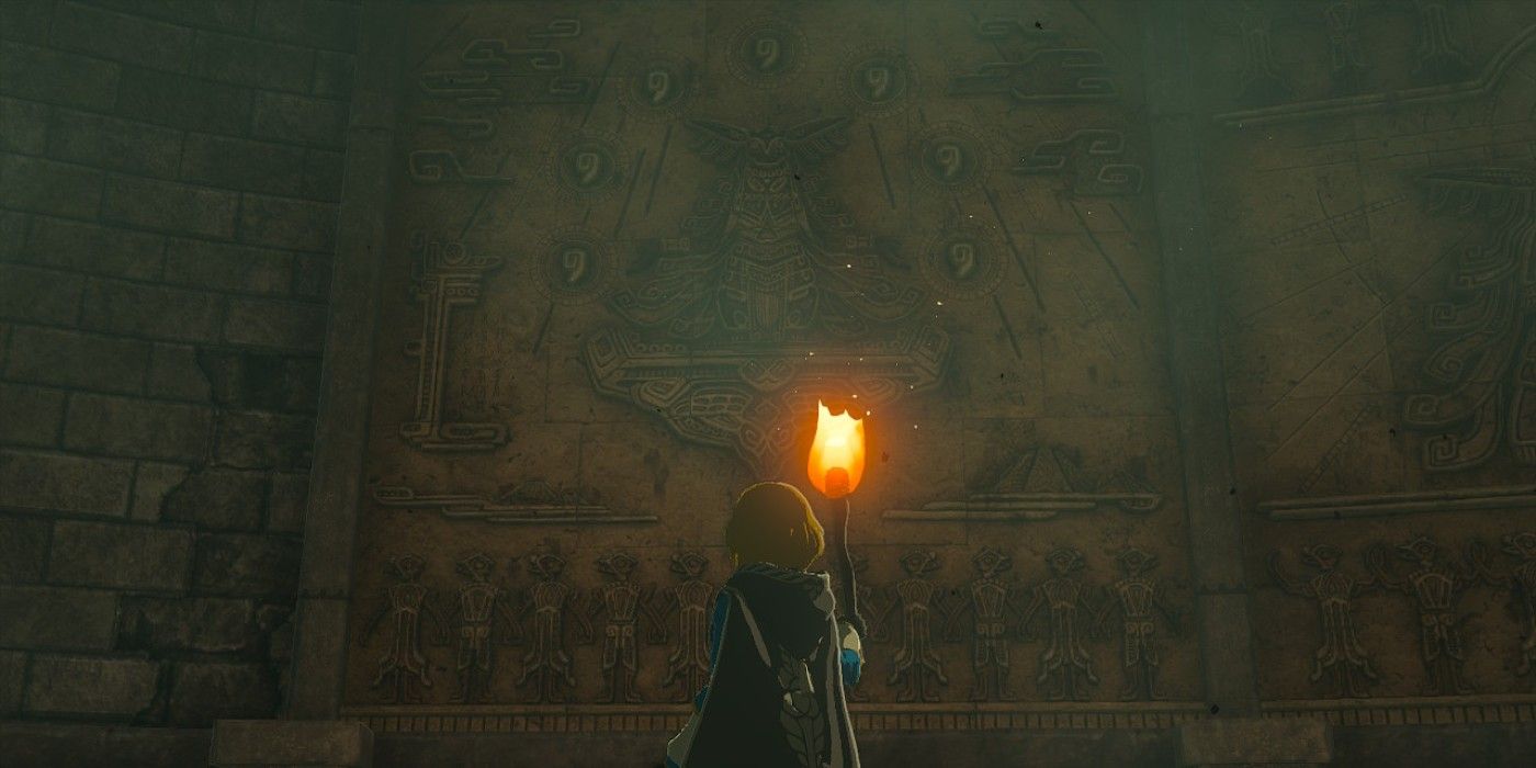 Princess Zelda examines a mural of a Zonai in The Legend of Zelda: Tears of the Kingdom.