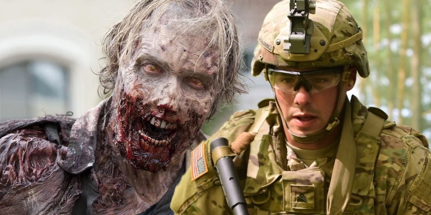 Zombie snarling behind an army soldier