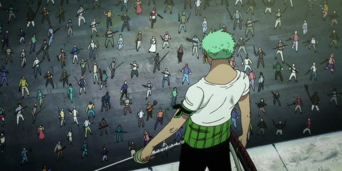 Zoro standing over the Baroque Works agents and holding out his sword in the One Piece anime