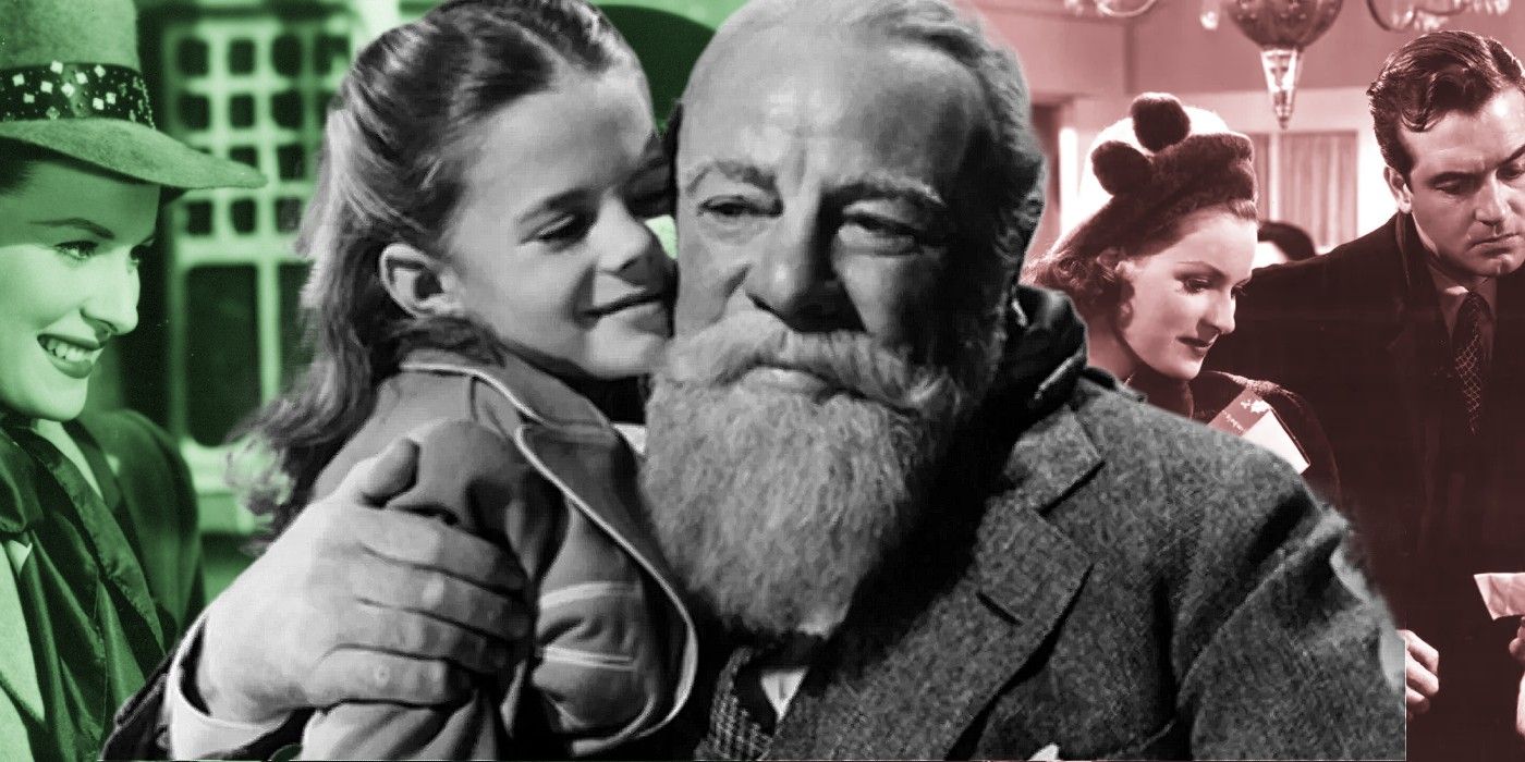 Three scenes from Miracle on 34th street - with the iconic Santa Claus in the center. 