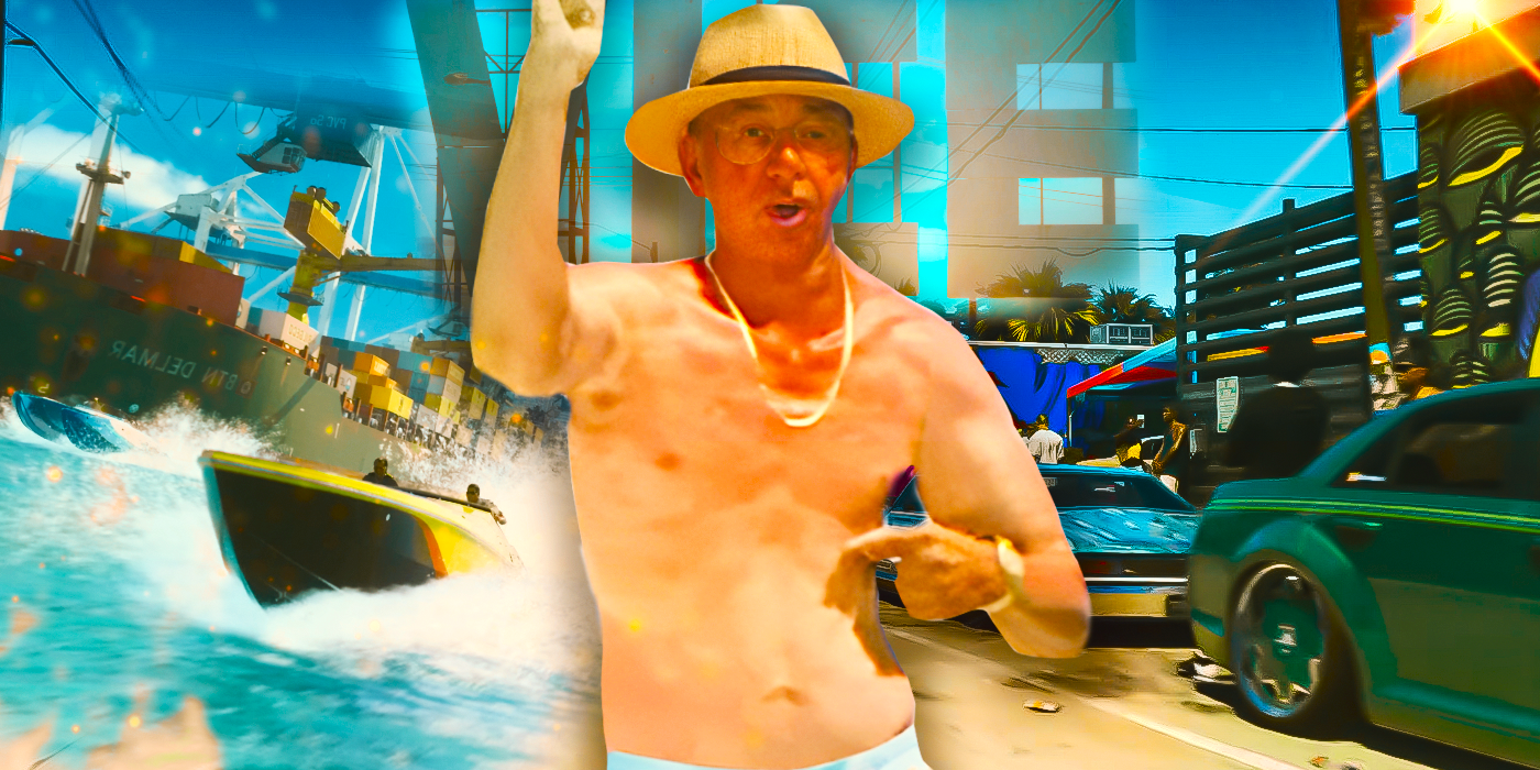A dancing, shirtless man in a Panama hat, over backdrops of boats racing, cars driving, and the Vice sign in screenshots from GTA 6's first trailer.