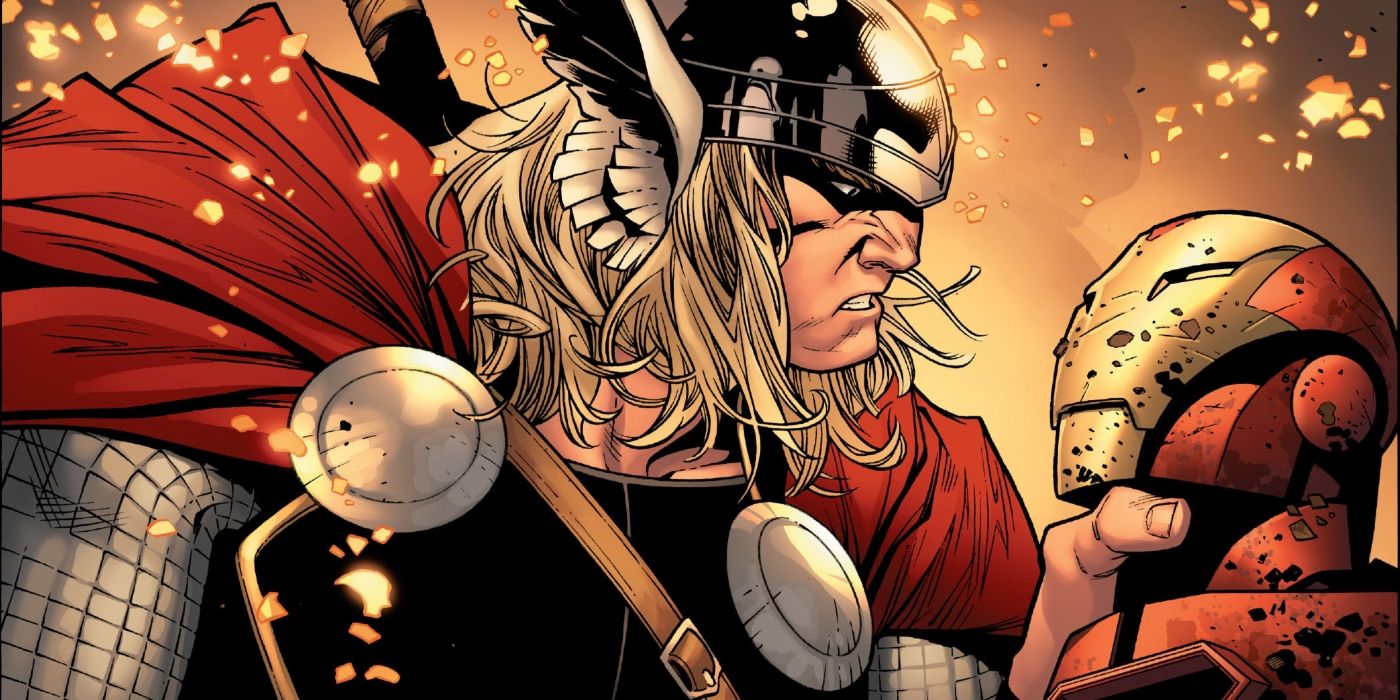 Thor gripping Iron Man by the throat. 
