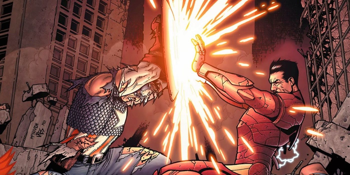 Captain America and Iron Man fighting during Civil War.