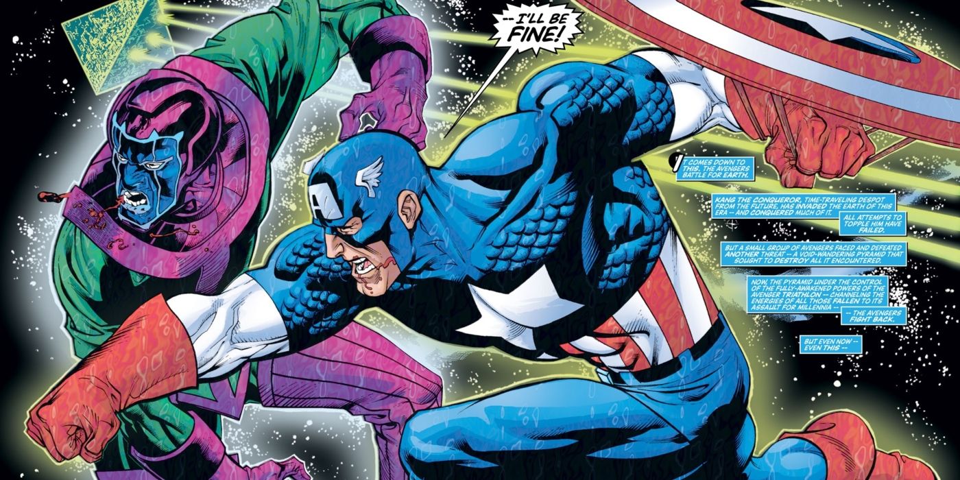 Captain America fighting Kang the Conqueror in space.