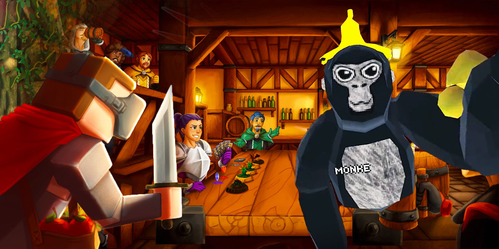Blocky character holding sword with a Monke attacking the screen with a scene of a tavern in the background.