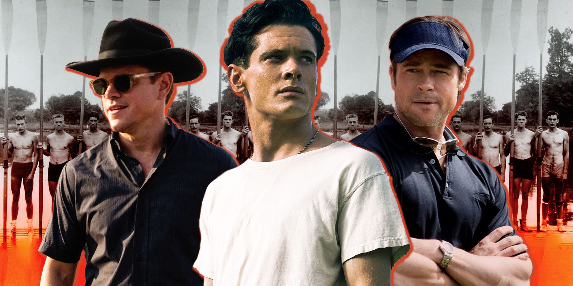 Matt Damon as Carroll Shelby in Ford v Ferrari, Jack O'Connell as Capt. Louie Zamperini in Unbroken, and Brad Pitt as Billy Beane in Moneyball.