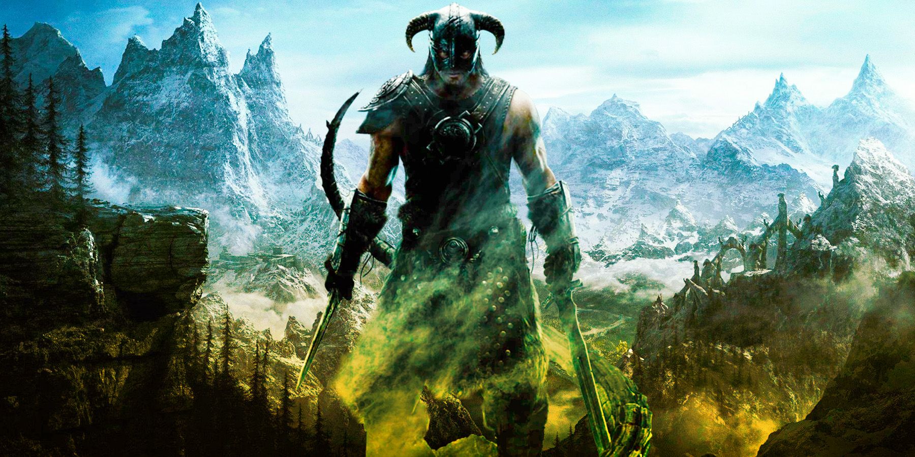 The Dragonborn from Skyrim in front of the mountainous landscape.