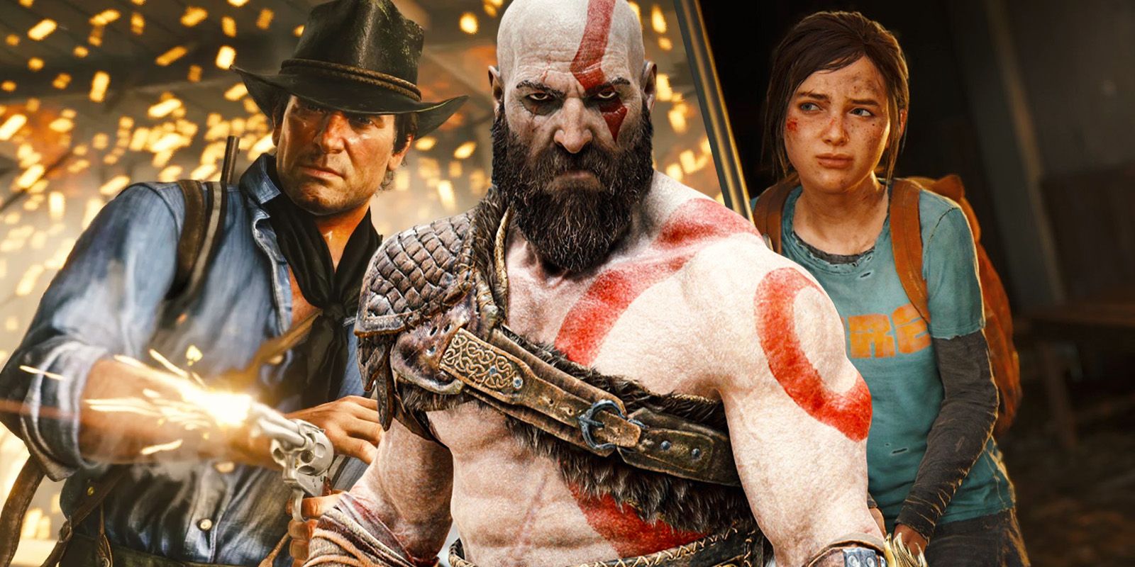Arthur Morgan from RDR2, Kratos from God of War 2018 and Ellie from The Last of Us Part 1.