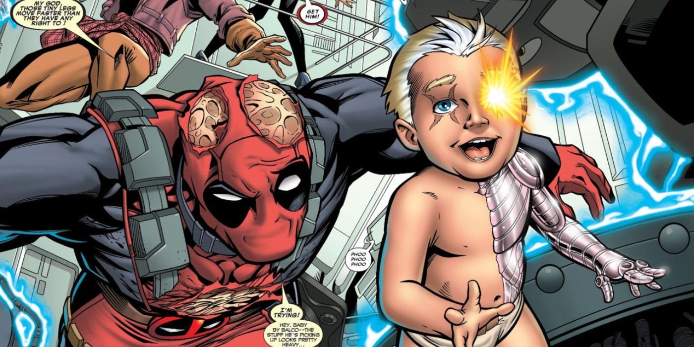 Deadpool chasing a baby Cable. 