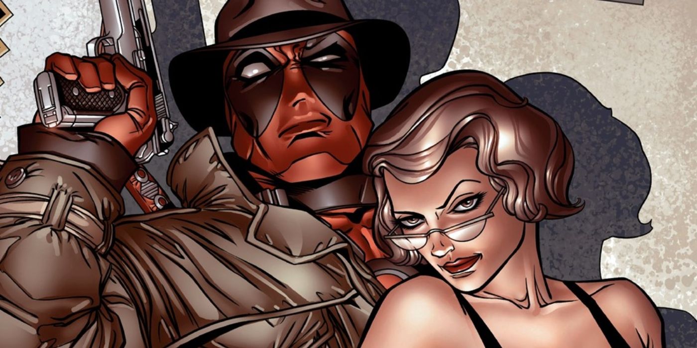 Deadpool dressed in '30s era detective attire with a mystery woman.