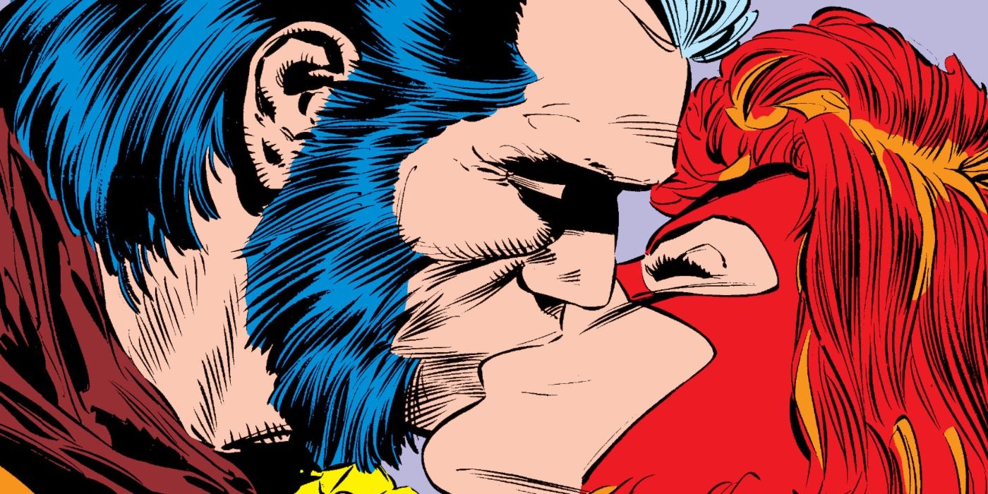 Wolverine and Jean Grey kissing.
