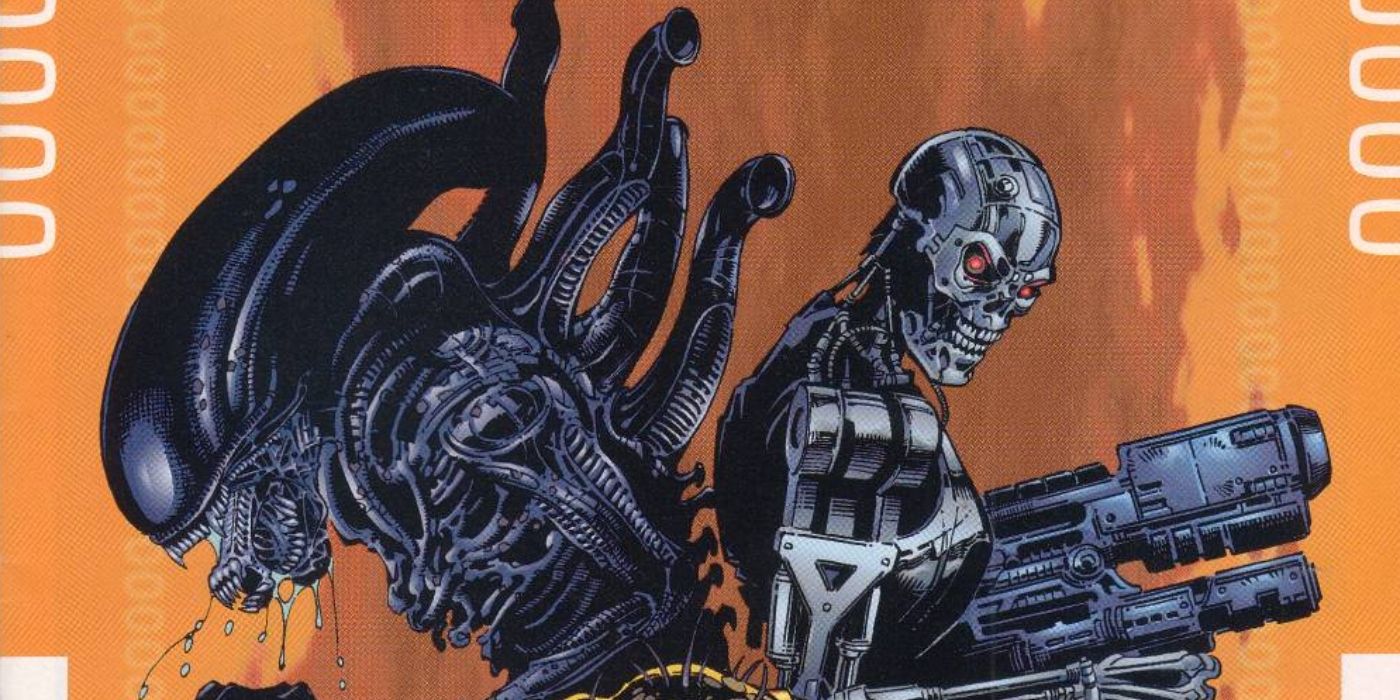 Alien's Xenomorph standing with a Terminator. 