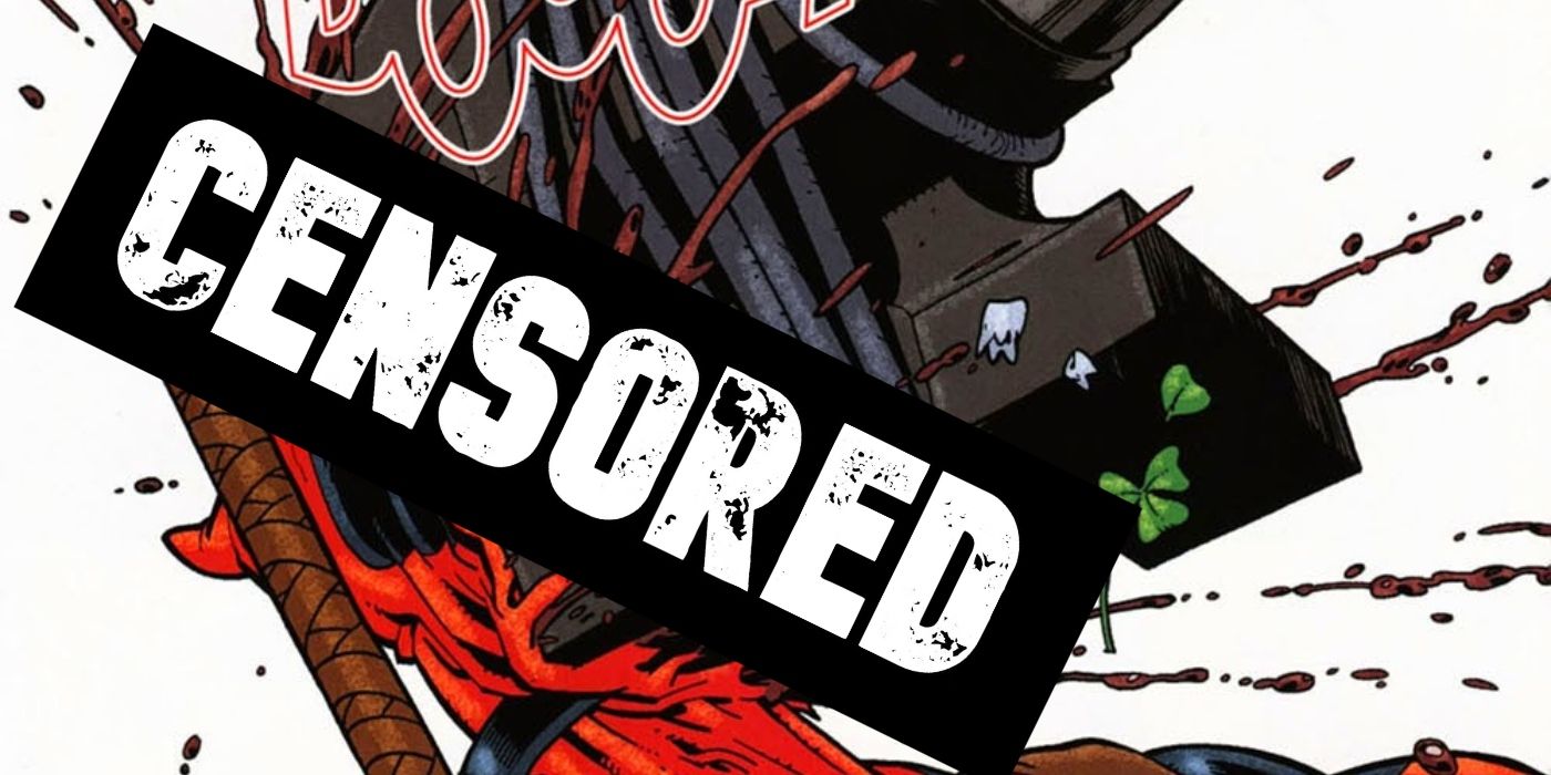 Deadpool&rsquo;s head being crushed by an anvil, the mature gore blocked by a &lsquo;censored&rsquo; sign.