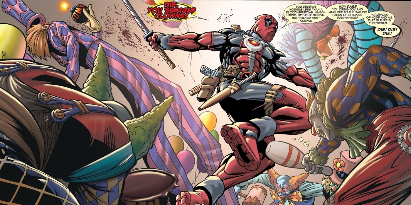Deadpool slaughtering an army of killer clowns.