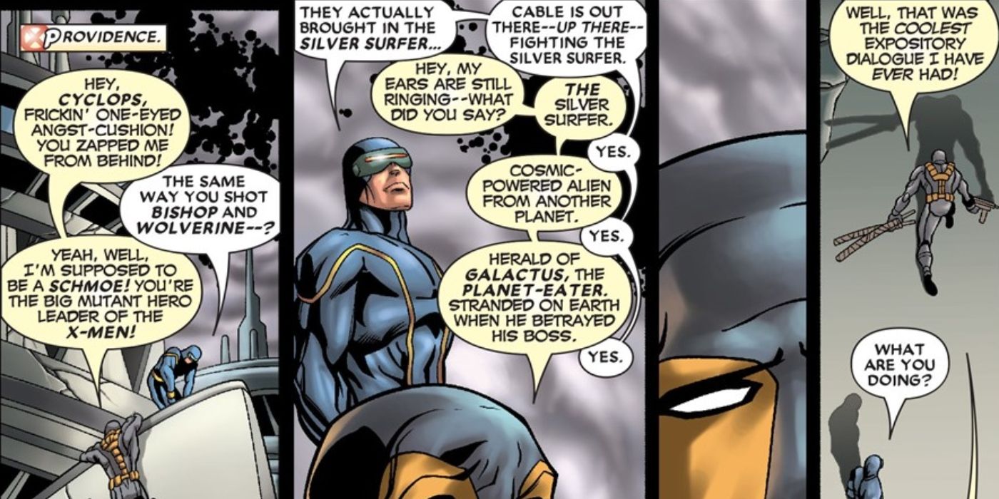 Deadpool talking to Cyclops about the Silver Surfer. 