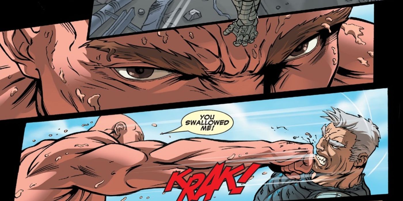 Deadpool punching Cable in the face for 'swallowing him'. 