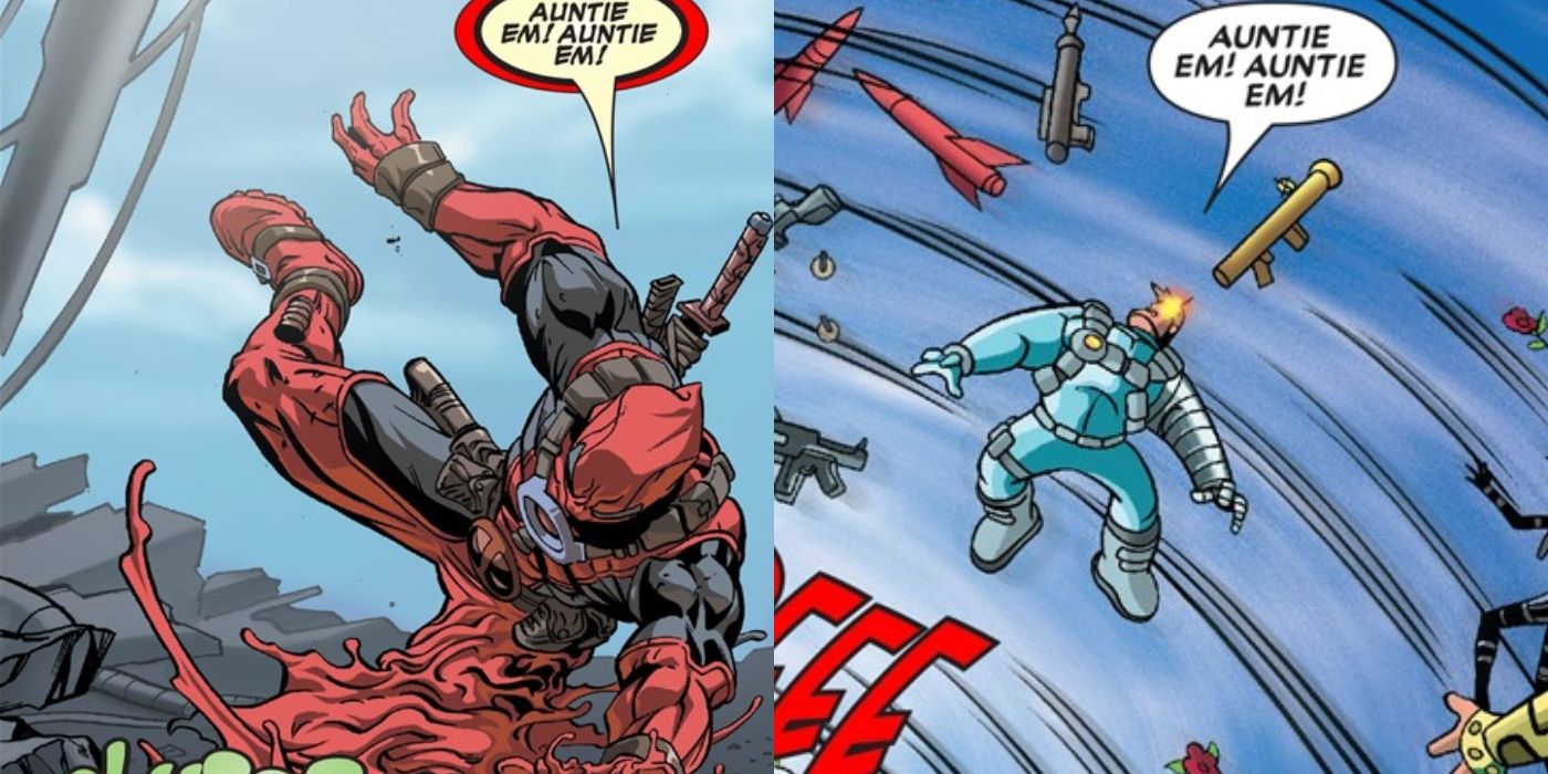 Deadpool is melting while Cable is getting sucked into a tornado.