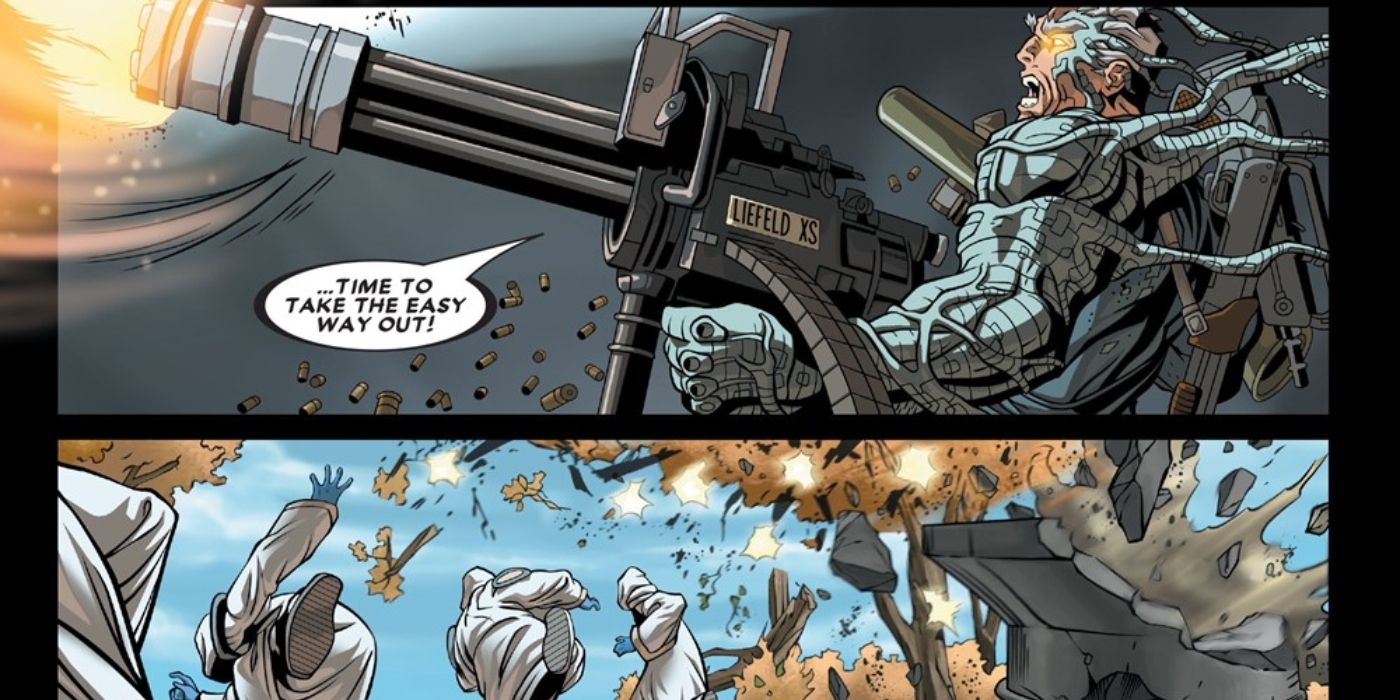 Cable firing a massive gun with 'Liefeld' written on it.