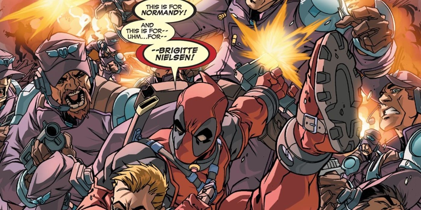 Deadpool killing an entire building of armed guards. 