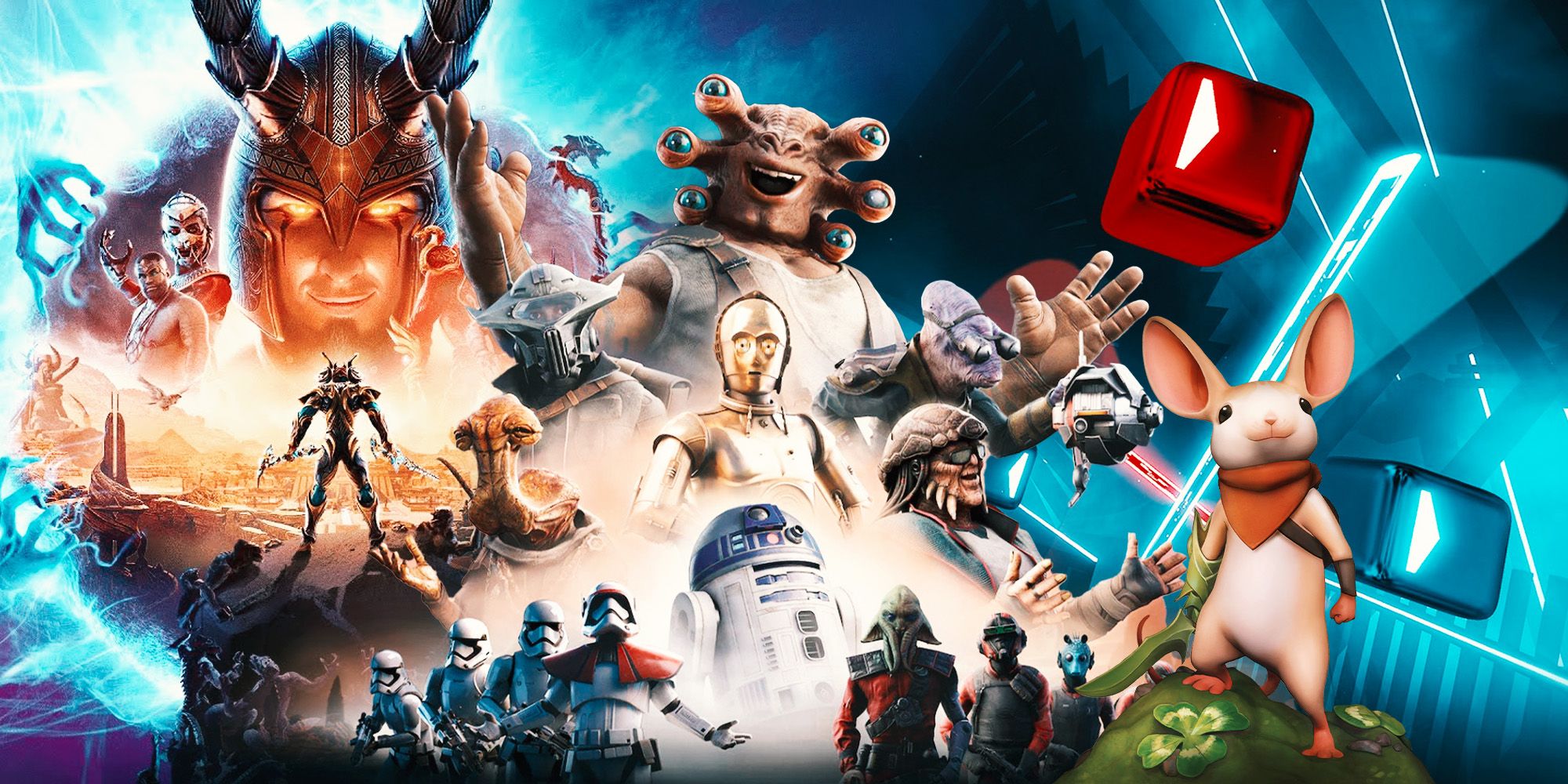 A collage of Star Wars characters, including Storm Troopers, R2D2, and Aliens, with a mouse in the foreground and armored warriors in the background. 
