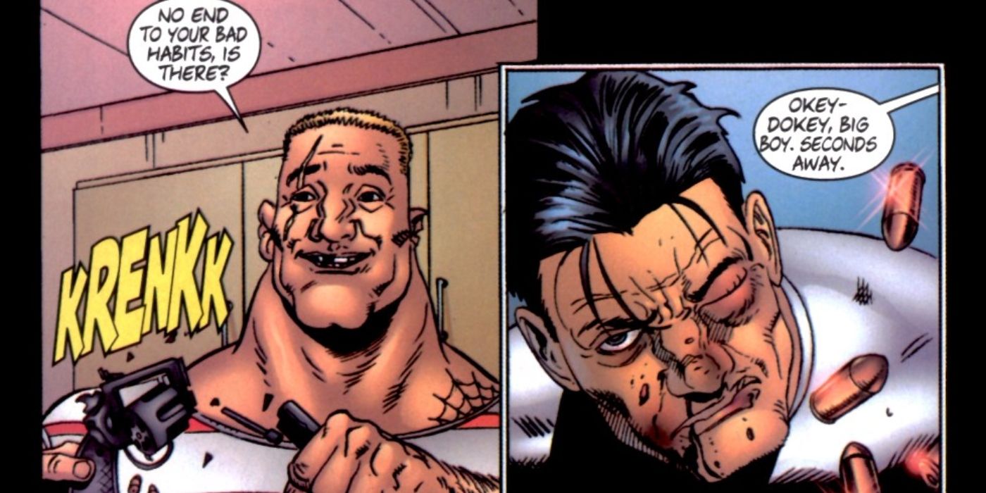 The Punisher fighting a villain named The Russian.