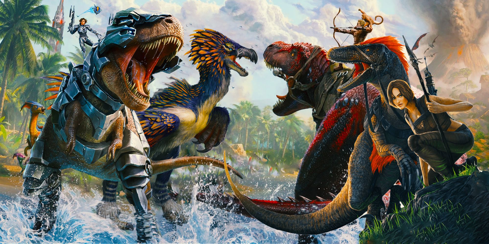 A few different kinds of dinosaurs battling against each other. 