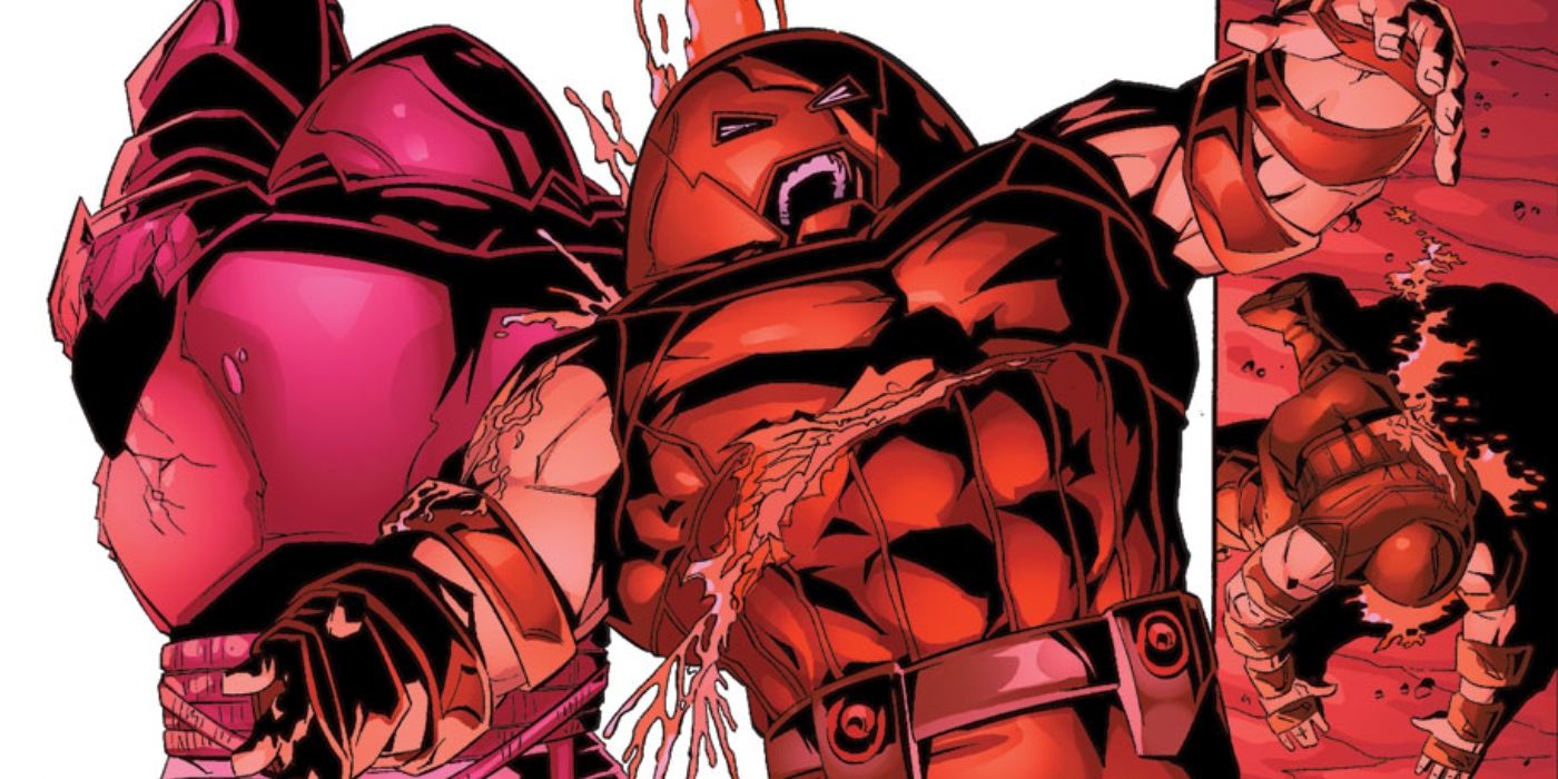 Juggernaut getting sliced with a sword by another Juggernaut. 