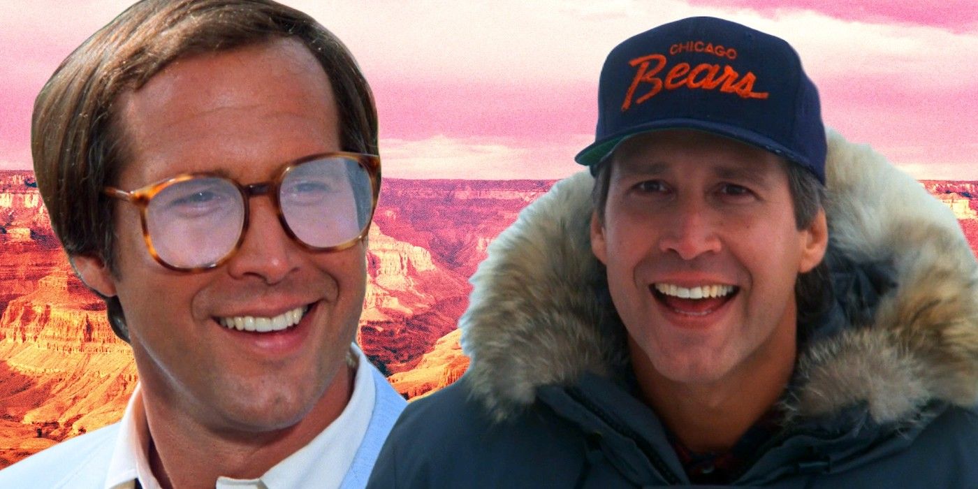 Clark Griswold smiling in National Lampoon's Vacation (left) and National Lampoon's Christmas Vacation (right)