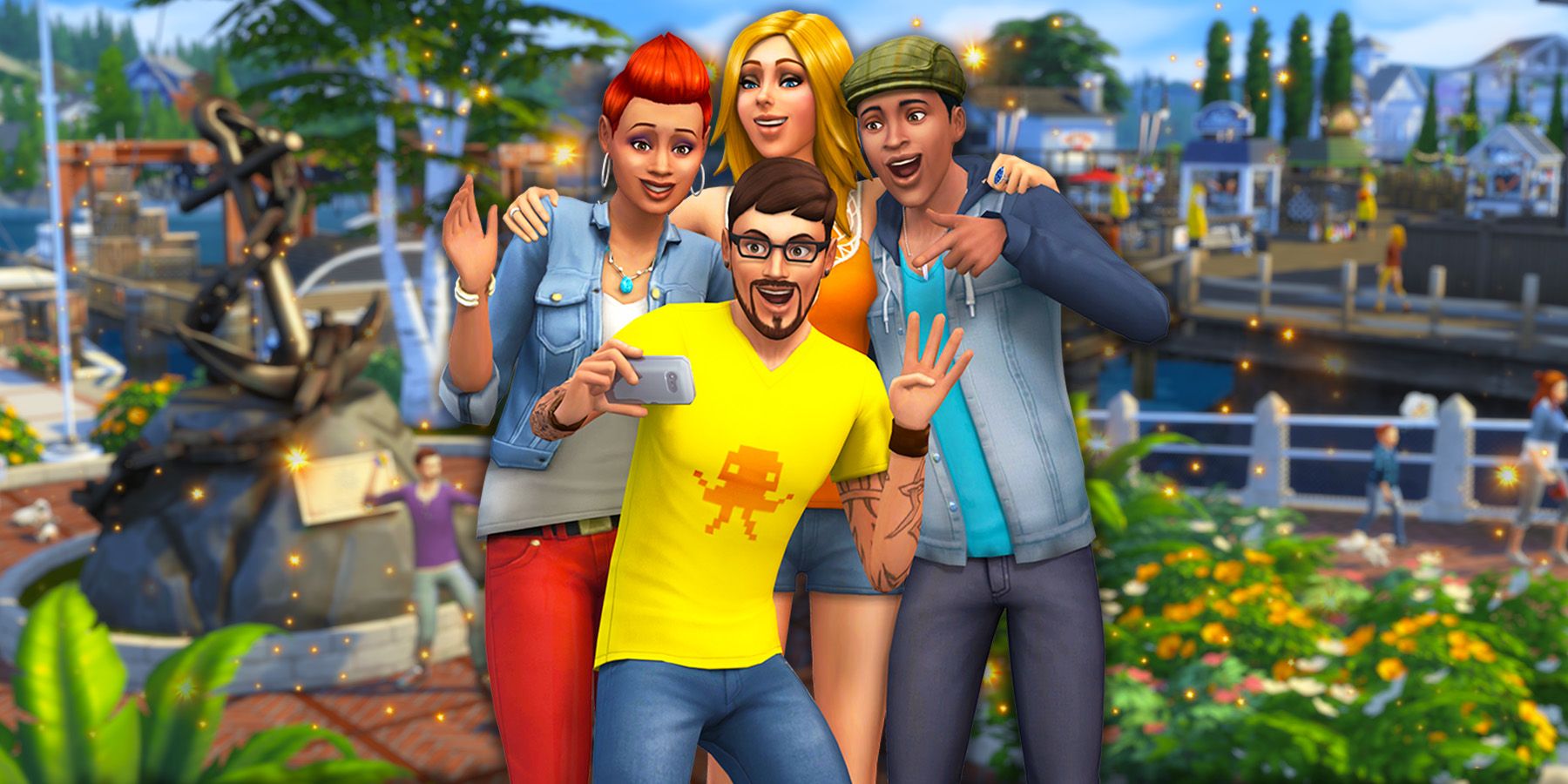 Four Sims group up for a selfie in a screenshot from The Sims 4.