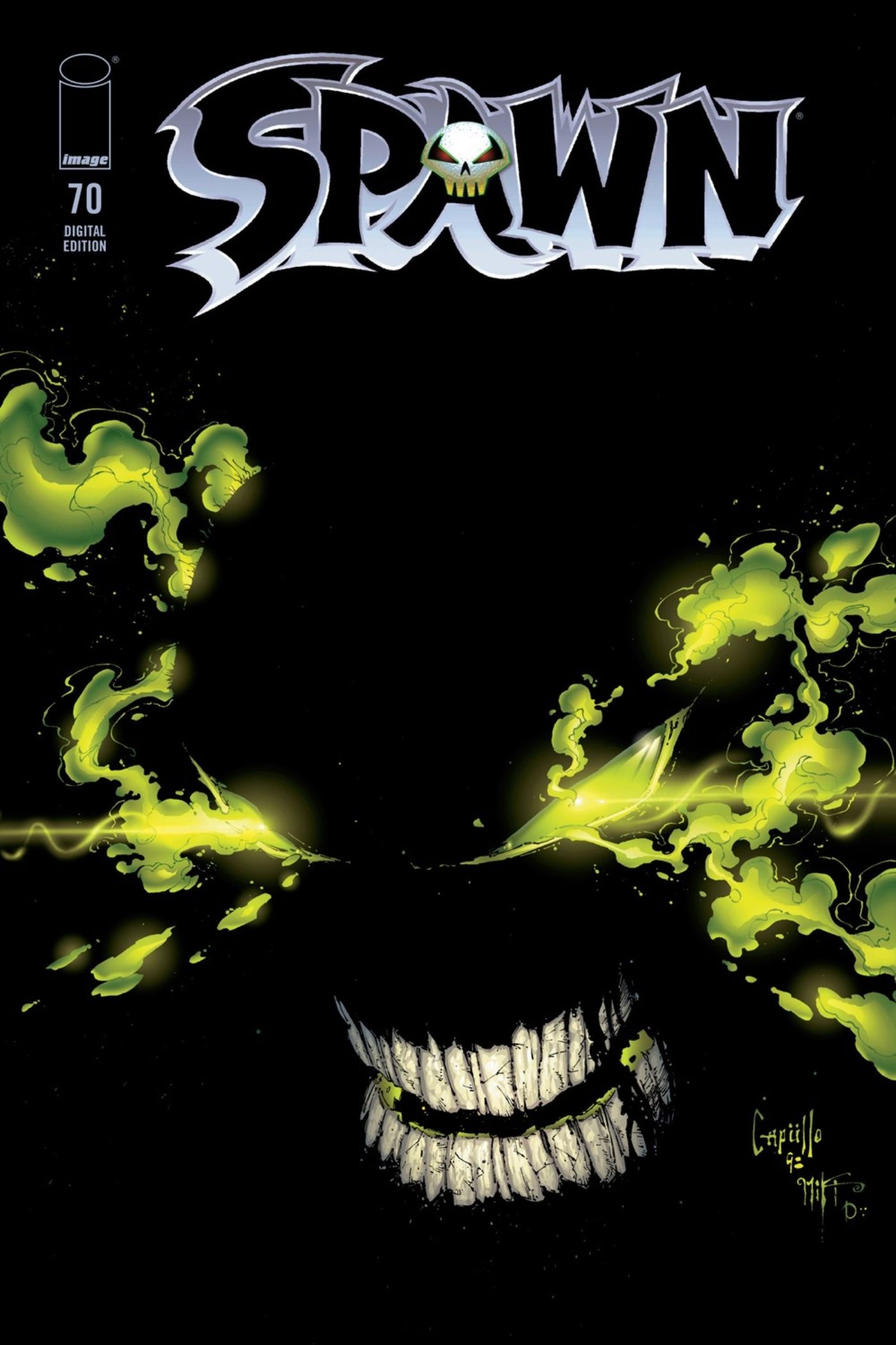 Spawn #70 cover art featuring Spawn&rsquo;s face drenched in shadow.
