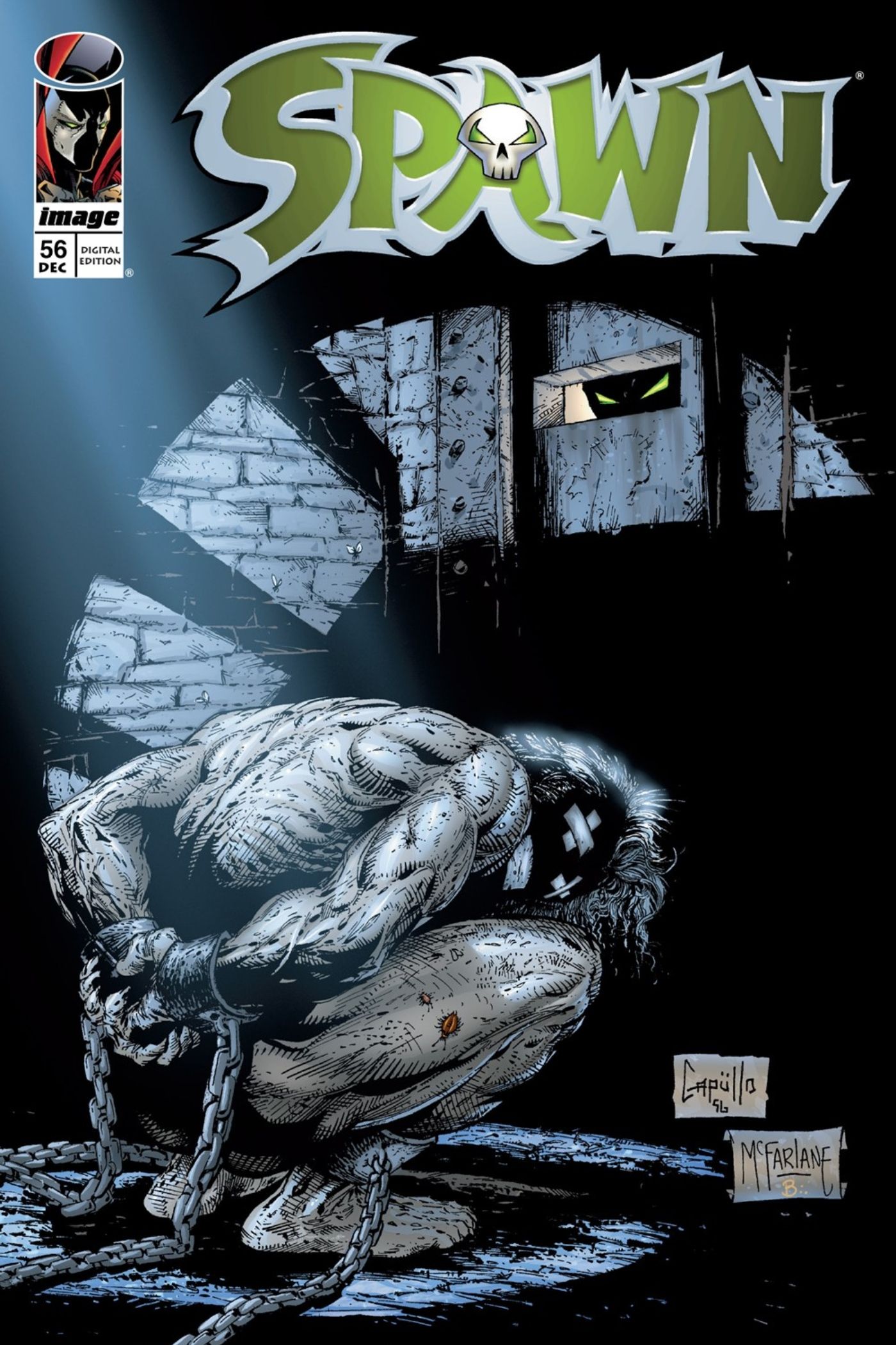 Spawn #56 cover art featuring a man chained inside a cell.